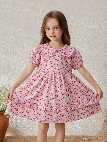 Young Girls' Ditsy Floral Collared Puff Sleeve Mini Dress, Casual Resort Style