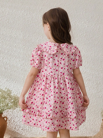 Young Girls' Ditsy Floral Collared Puff Sleeve Mini Dress, Casual Resort Style