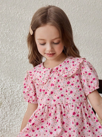 Young Girls' Ditsy Floral Collared Puff Sleeve Mini Dress, Casual Resort Style