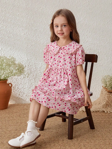 Young Girls' Ditsy Floral Collared Puff Sleeve Mini Dress, Casual Resort Style