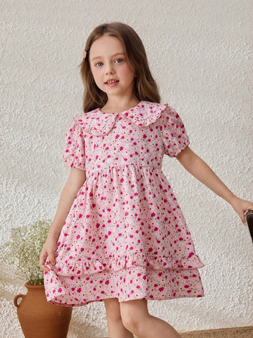 Young Girls' Ditsy Floral Collared Puff Sleeve Mini Dress, Casual Resort Style