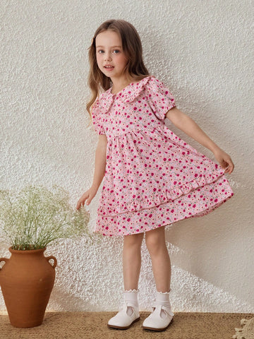 Young Girls' Ditsy Floral Collared Puff Sleeve Mini Dress, Casual Resort Style