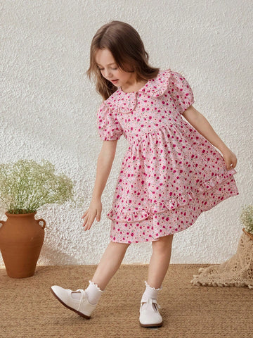 Young Girls' Ditsy Floral Collared Puff Sleeve Mini Dress, Casual Resort Style