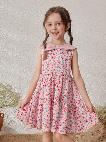 Young Girls Ditsy Floral Contrast Collar Sleeveless Dress