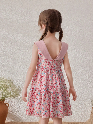 Young Girls Ditsy Floral Contrast Collar Sleeveless Dress