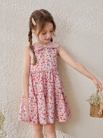 Young Girls Ditsy Floral Contrast Collar Sleeveless Dress