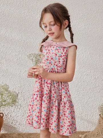 Young Girls Ditsy Floral Contrast Collar Sleeveless Dress