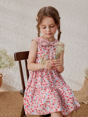 Young Girls Ditsy Floral Contrast Collar Sleeveless Dress