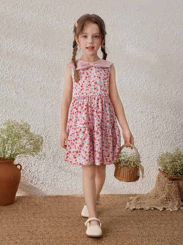 Young Girls Ditsy Floral Contrast Collar Sleeveless Dress