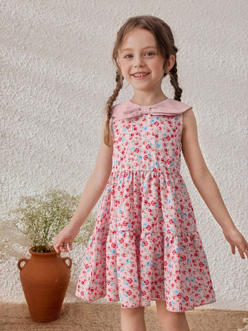 Young Girls Ditsy Floral Contrast Collar Sleeveless Dress