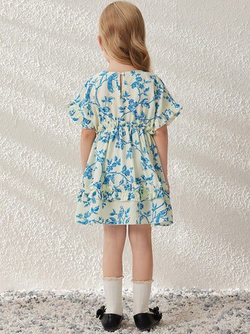 Blossori Young Girls' Elegant Apricot Floral Print Woven Round Neck Dress, Spring/Summer