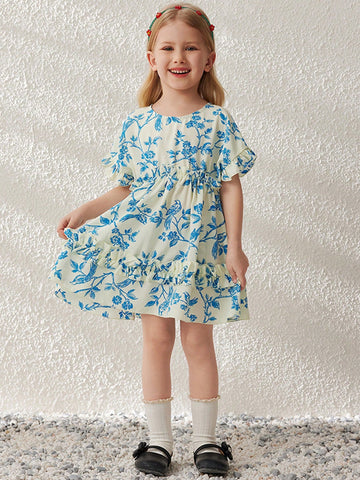 Blossori Young Girls' Elegant Apricot Floral Print Woven Round Neck Dress, Spring/Summer
