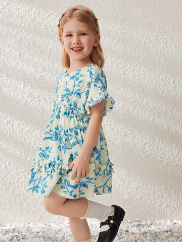 Blossori Young Girls' Elegant Apricot Floral Print Woven Round Neck Dress, Spring/Summer