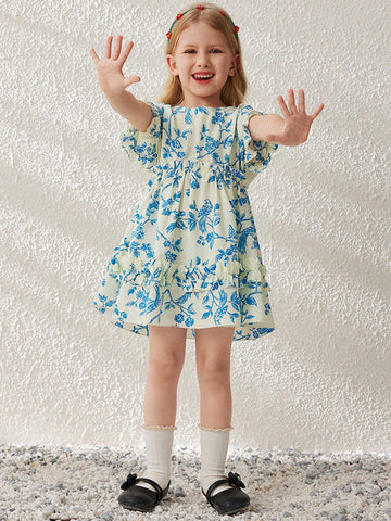 Blossori Young Girls' Elegant Apricot Floral Print Woven Round Neck Dress, Spring/Summer