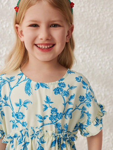Blossori Young Girls' Elegant Apricot Floral Print Woven Round Neck Dress, Spring/Summer