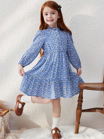 Blossori Young Girls Elegant Blue Ditsy Floral Loose Fit Ruffled Collar Dress, Suitable For Autumn/Winter