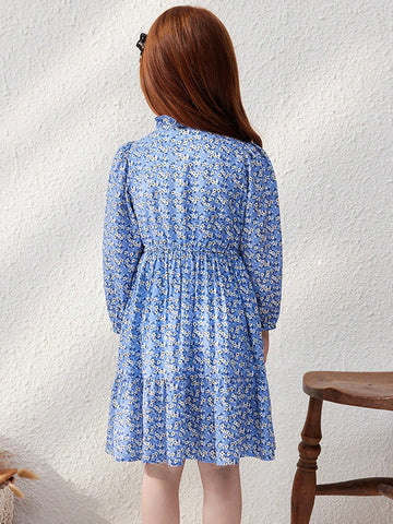 Blossori Young Girls Elegant Blue Ditsy Floral Loose Fit Ruffled Collar Dress, Suitable For Autumn/Winter
