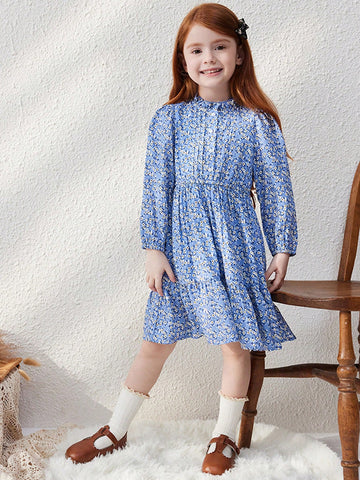 Blossori Young Girls Elegant Blue Ditsy Floral Loose Fit Ruffled Collar Dress, Suitable For Autumn/Winter
