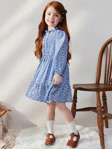 Blossori Young Girls Elegant Blue Ditsy Floral Loose Fit Ruffled Collar Dress, Suitable For Autumn/Winter