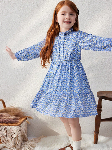 Blossori Young Girls Elegant Blue Ditsy Floral Loose Fit Ruffled Collar Dress, Suitable For Autumn/Winter