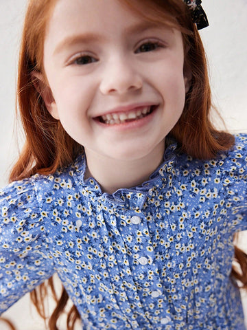 Blossori Young Girls Elegant Blue Ditsy Floral Loose Fit Ruffled Collar Dress, Suitable For Autumn/Winter