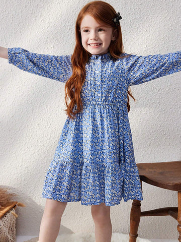 Blossori Young Girls Elegant Blue Ditsy Floral Loose Fit Ruffled Collar Dress, Suitable For Autumn/Winter
