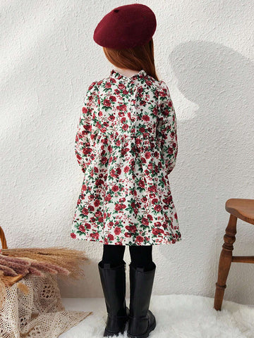 Blossori Young Girls' Elegant Floral Jacquard Ruffle Hem Loose Front Open Knit Dress, Burgundy, Autumn/Winter