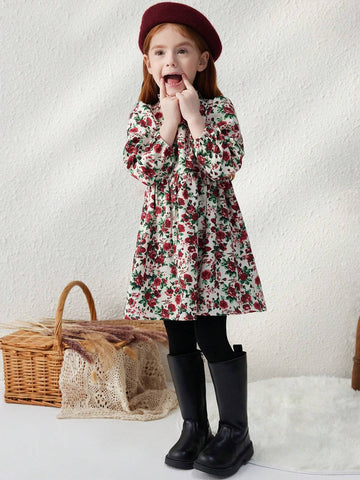 Blossori Young Girls' Elegant Floral Jacquard Ruffle Hem Loose Front Open Knit Dress, Burgundy, Autumn/Winter