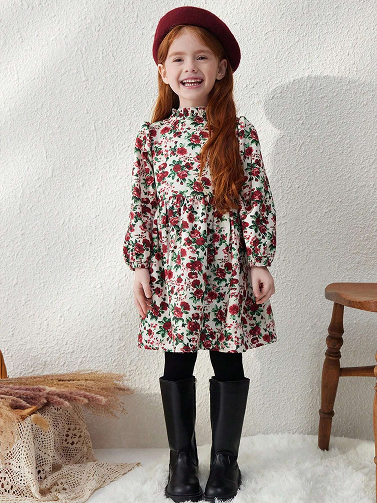 Blossori Young Girls' Elegant Floral Jacquard Ruffle Hem Loose Front Open Knit Dress, Burgundy, Autumn/Winter