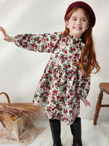 Blossori Young Girls' Elegant Floral Jacquard Ruffle Hem Loose Front Open Knit Dress, Burgundy, Autumn/Winter