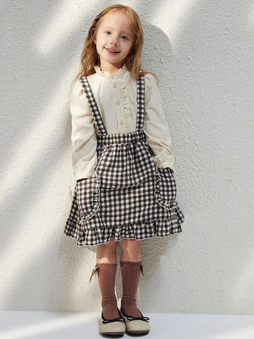 Blossori Young Girls' Elegant French Black & White Plaid Loose Bib Dress, Autumn/Winter