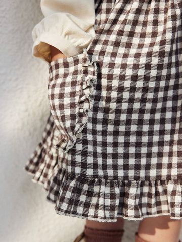 Blossori Young Girls' Elegant French Black & White Plaid Loose Bib Dress, Autumn/Winter