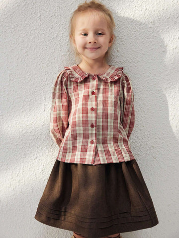 Blossori Young Girls Elegant French Red Plaid Ruffled Loose Long Sleeve Blouse, Autumn/Winter