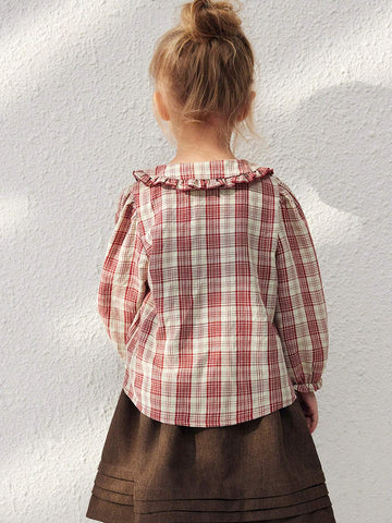 Blossori Young Girls Elegant French Red Plaid Ruffled Loose Long Sleeve Blouse, Autumn/Winter