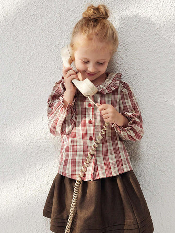 Blossori Young Girls Elegant French Red Plaid Ruffled Loose Long Sleeve Blouse, Autumn/Winter