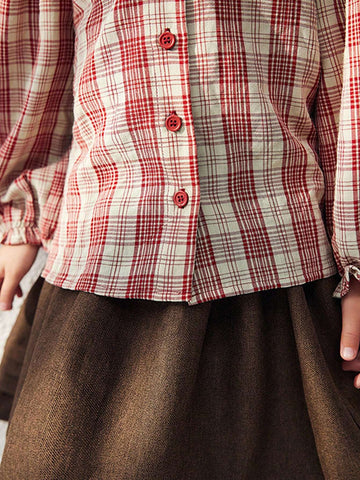 Blossori Young Girls Elegant French Red Plaid Ruffled Loose Long Sleeve Blouse, Autumn/Winter