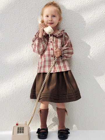 Blossori Young Girls Elegant French Red Plaid Ruffled Loose Long Sleeve Blouse, Autumn/Winter