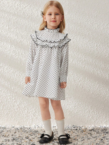 Blossori Young Girls' Elegant French Style Apricot Polka Dot Lapel Dress, Spring/Summer