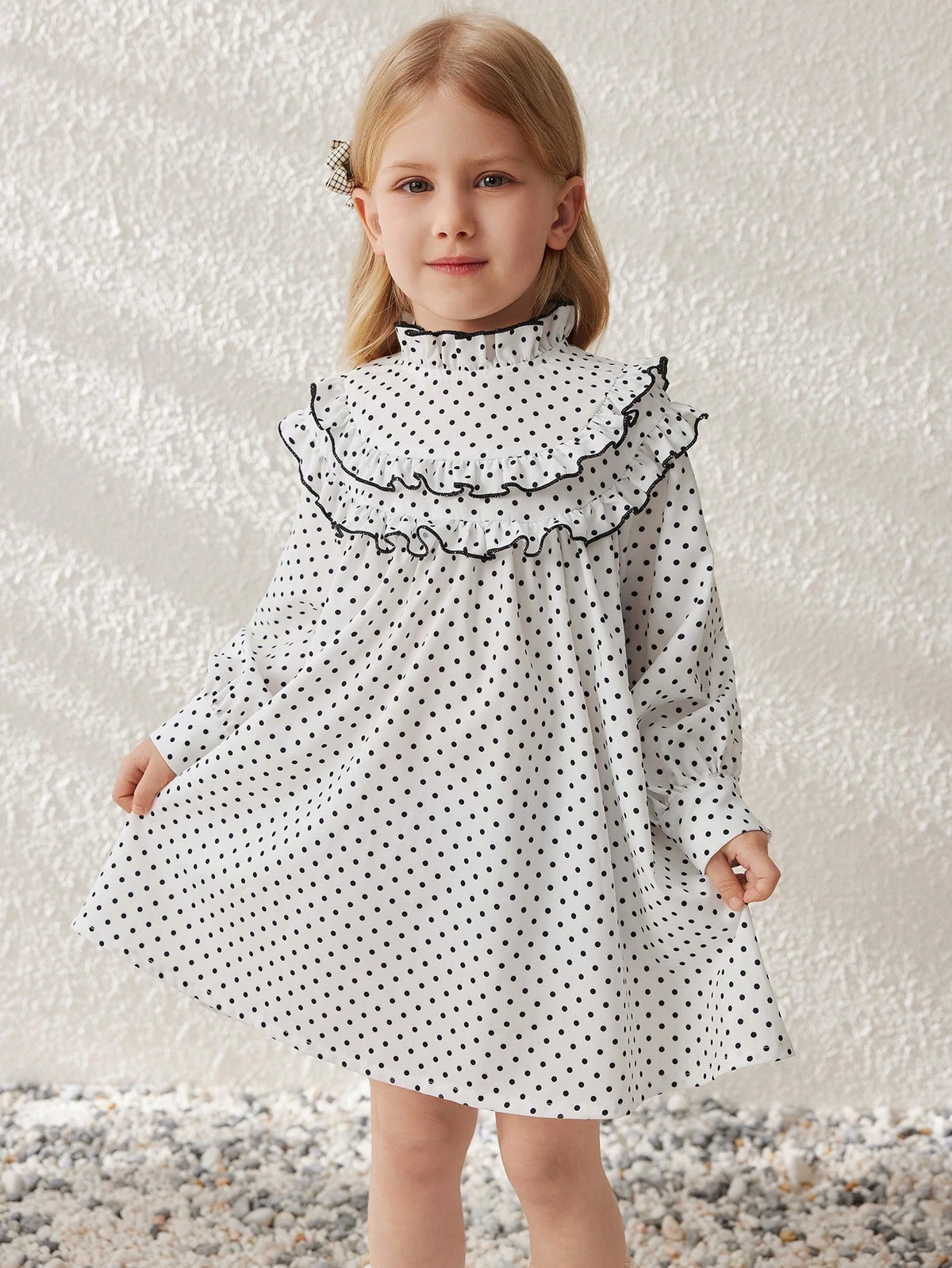 Blossori Young Girls' Elegant French Style Apricot Polka Dot Lapel Dress, Spring/Summer