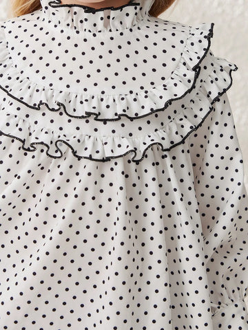 Blossori Young Girls' Elegant French Style Apricot Polka Dot Lapel Dress, Spring/Summer