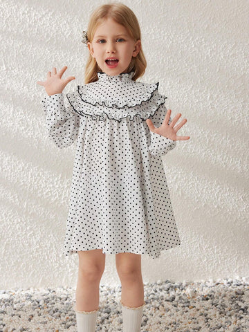 Blossori Young Girls' Elegant French Style Apricot Polka Dot Lapel Dress, Spring/Summer