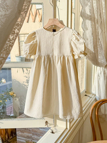 Blossori Young Girls' Elegant French Style Apricot Woven Floral 3D Dress, Spring/Summer