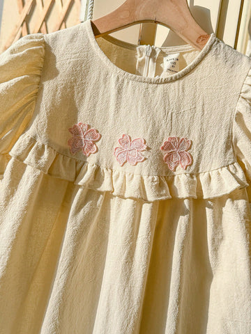 Blossori Young Girls' Elegant French Style Apricot Woven Floral 3D Dress, Spring/Summer