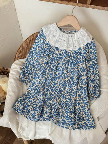 Blossori Young Girls Elegant French Style Blue Floral Print Loose Fit Frill Collar Chiffon Dress, Autumn/Winter