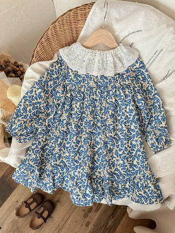 Blossori Young Girls Elegant French Style Blue Floral Print Loose Fit Frill Collar Chiffon Dress, Autumn/Winter