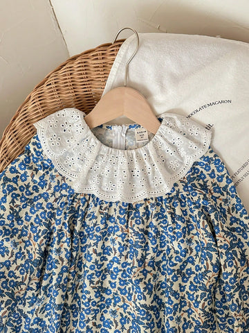 Blossori Young Girls Elegant French Style Blue Floral Print Loose Fit Frill Collar Chiffon Dress, Autumn/Winter