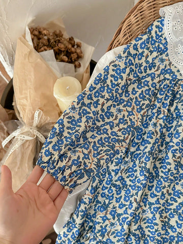 Blossori Young Girls Elegant French Style Blue Floral Print Loose Fit Frill Collar Chiffon Dress, Autumn/Winter