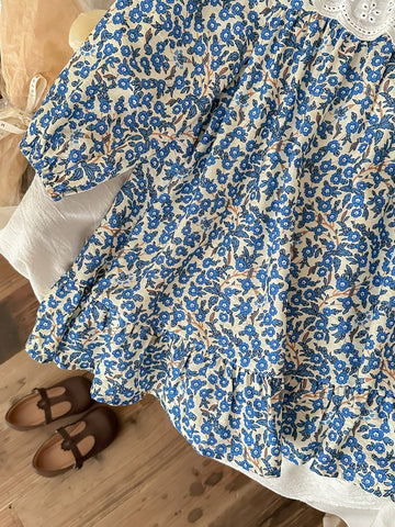 Blossori Young Girls Elegant French Style Blue Floral Print Loose Fit Frill Collar Chiffon Dress, Autumn/Winter