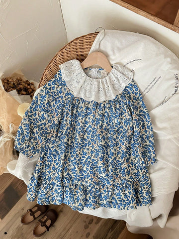 Blossori Young Girls Elegant French Style Blue Floral Print Loose Fit Frill Collar Chiffon Dress, Autumn/Winter