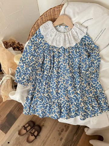 Blossori Young Girls Elegant French Style Blue Floral Print Loose Fit Frill Collar Chiffon Dress, Autumn/Winter